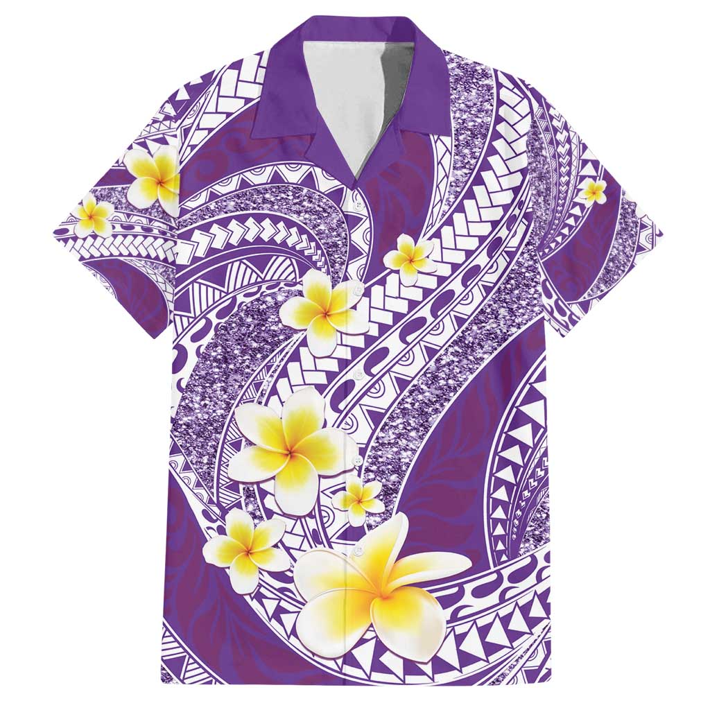 Plumeria Polynesian Purple Glitter Pattern Family Matching Off Shoulder Maxi Dress and Hawaiian Shirt