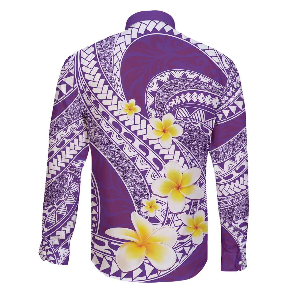 Plumeria Polynesian Purple Glitter Pattern Family Matching Off Shoulder Maxi Dress and Hawaiian Shirt