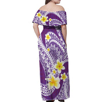 Plumeria Polynesian Purple Glitter Pattern Family Matching Off Shoulder Maxi Dress and Hawaiian Shirt