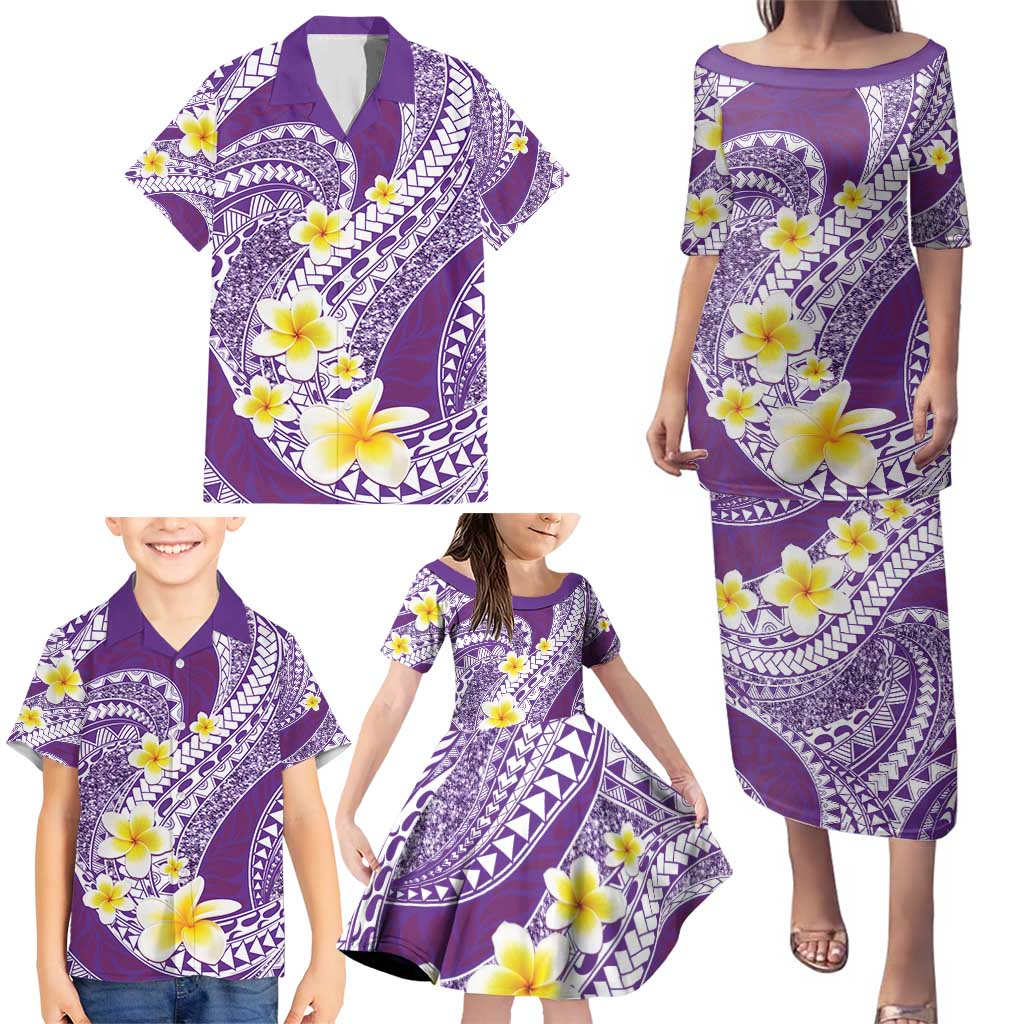 Plumeria Polynesian Purple Glitter Pattern Family Matching Puletasi and Hawaiian Shirt