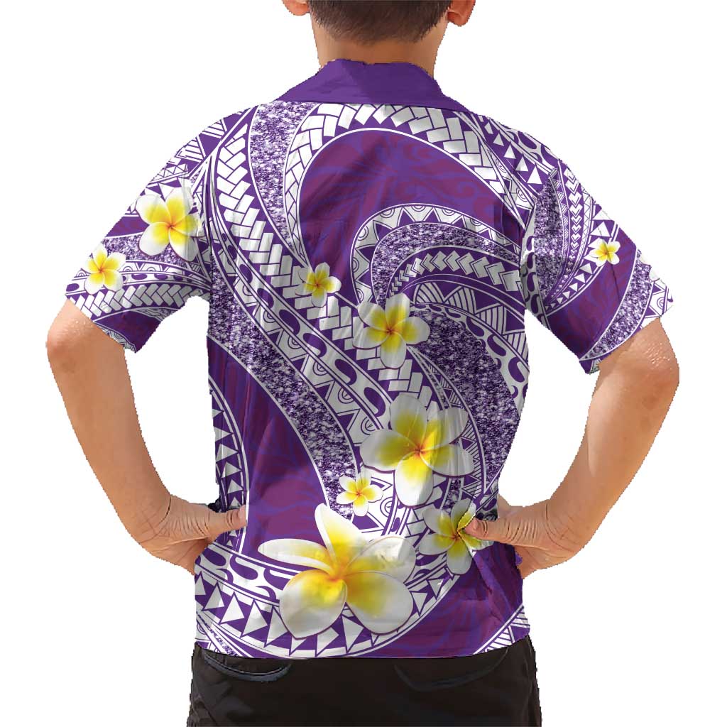 Plumeria Polynesian Purple Glitter Pattern Family Matching Short Sleeve Bodycon Dress and Hawaiian Shirt