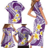 Plumeria Polynesian Purple Glitter Pattern Family Matching Short Sleeve Bodycon Dress and Hawaiian Shirt