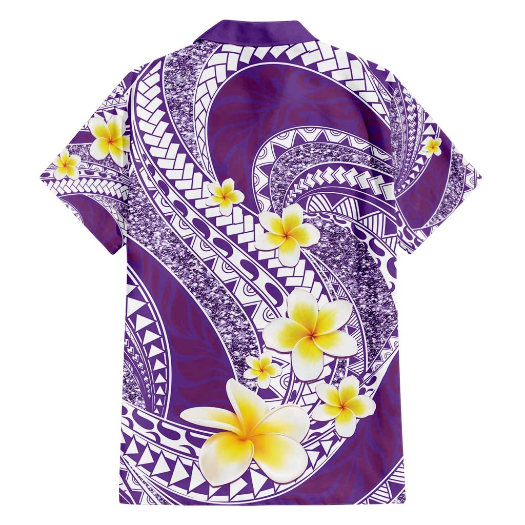 Plumeria Polynesian Purple Glitter Pattern Family Matching Short Sleeve Bodycon Dress and Hawaiian Shirt