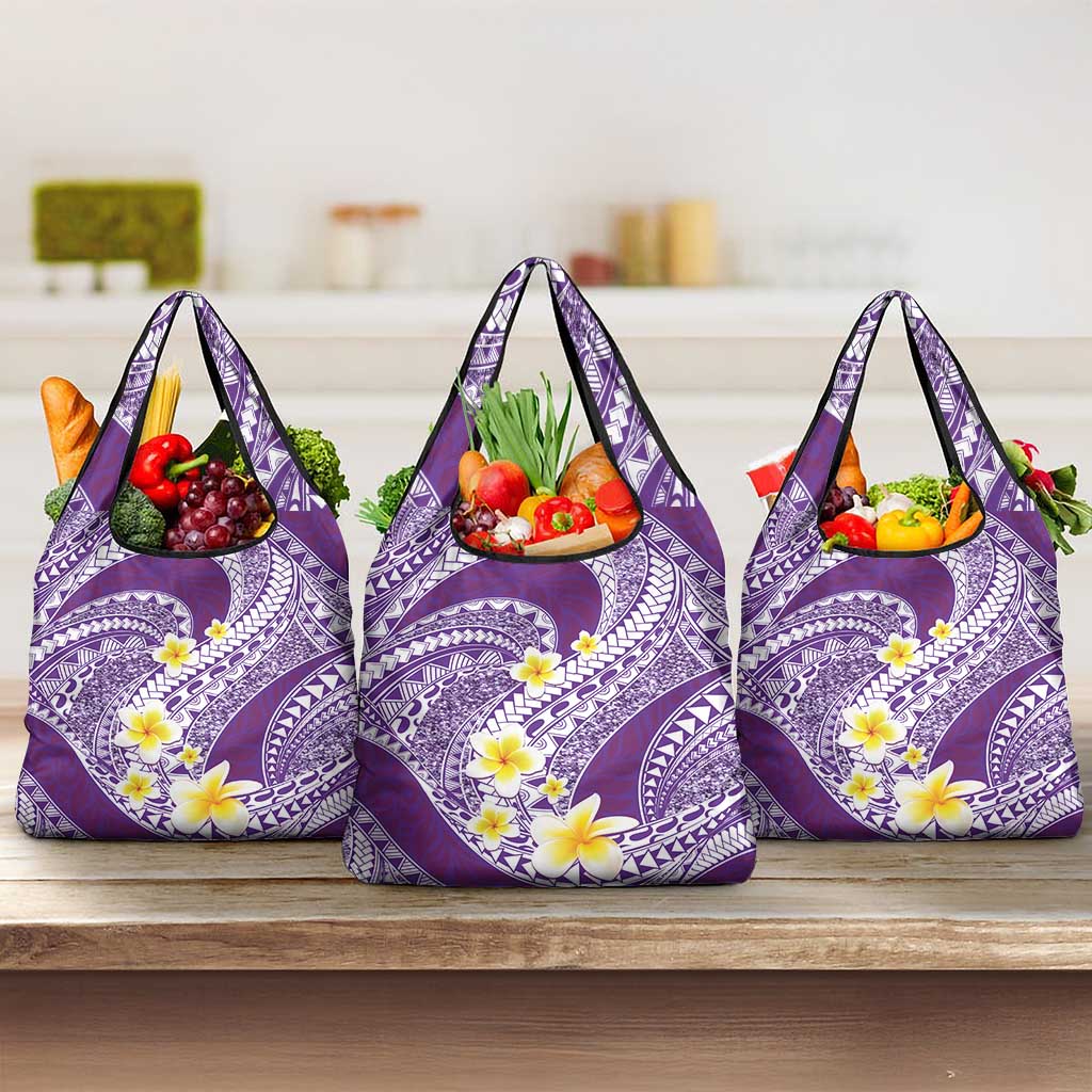 Plumeria Polynesian Purple Glitter Pattern Grocery Bag