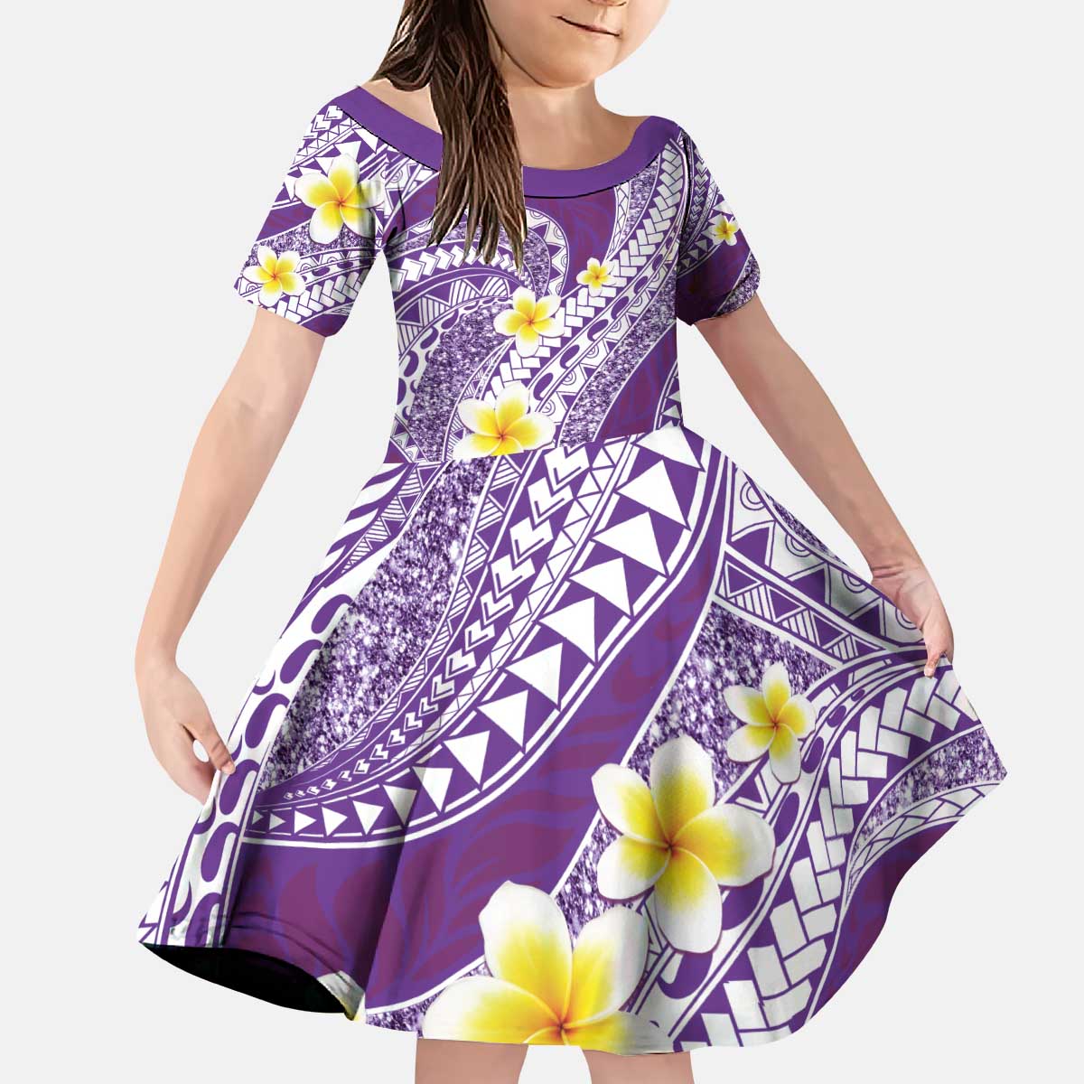Plumeria Polynesian Purple Glitter Pattern Kid Short Sleeve Dress LT01 KID Purple - Polynesian Pride
