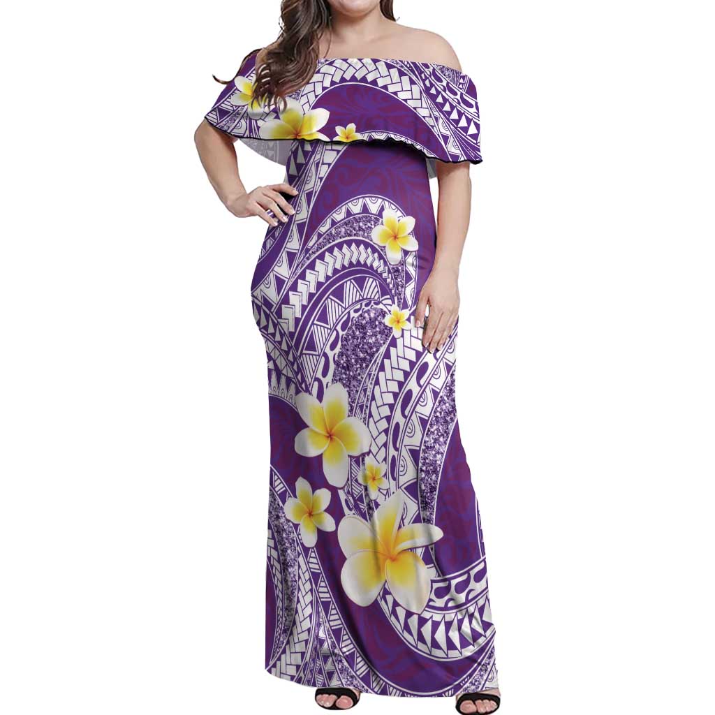 Plumeria Polynesian Purple Glitter Pattern Off Shoulder Maxi Dress