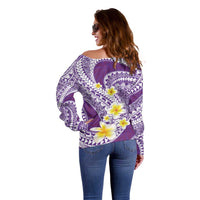 Plumeria Polynesian Purple Glitter Pattern Off Shoulder Sweater