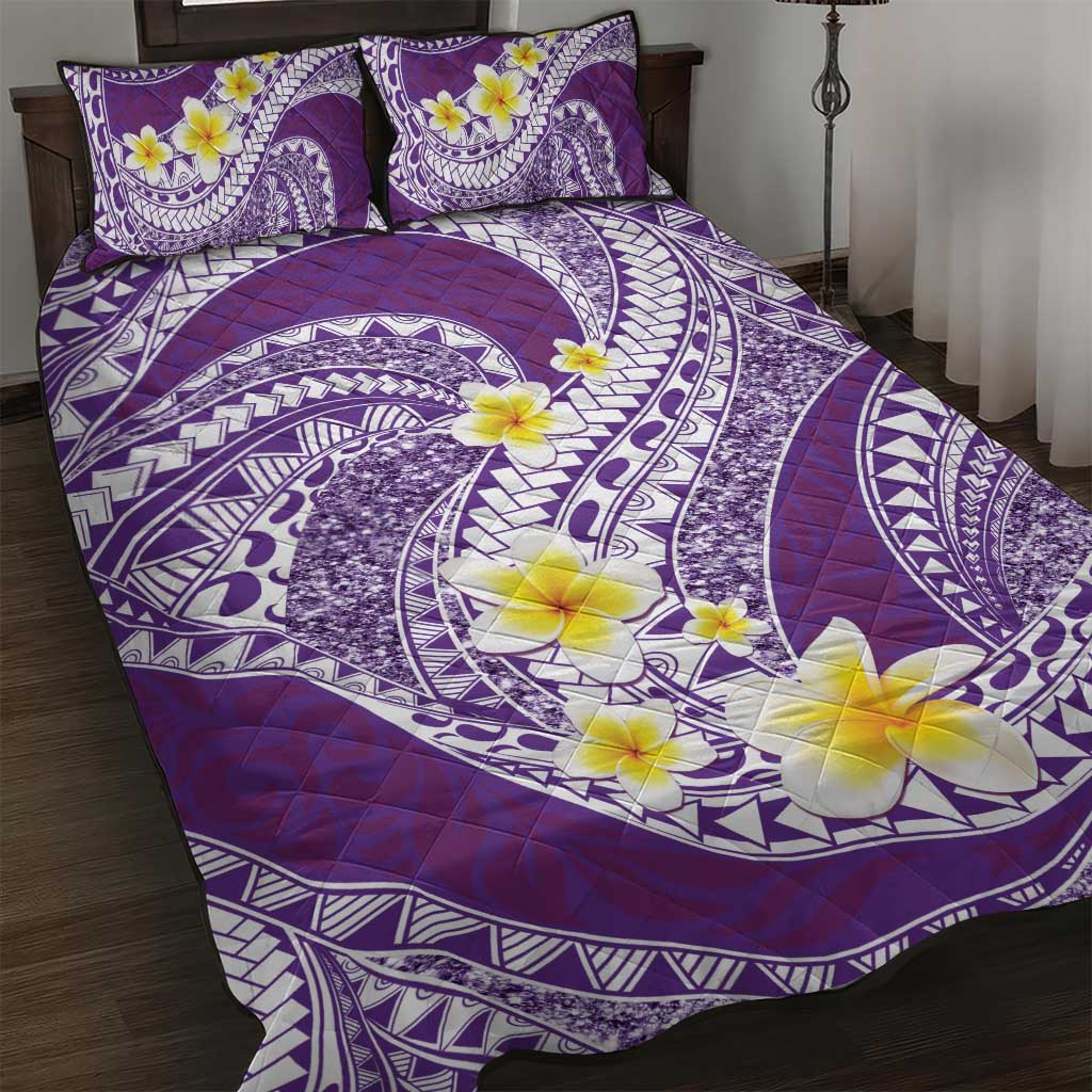 Plumeria Polynesian Purple Glitter Pattern Quilt Bed Set