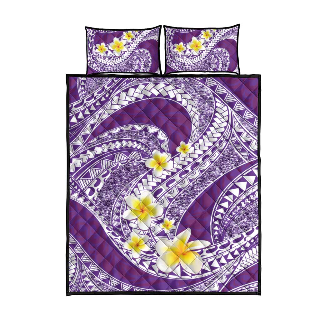 Plumeria Polynesian Purple Glitter Pattern Quilt Bed Set