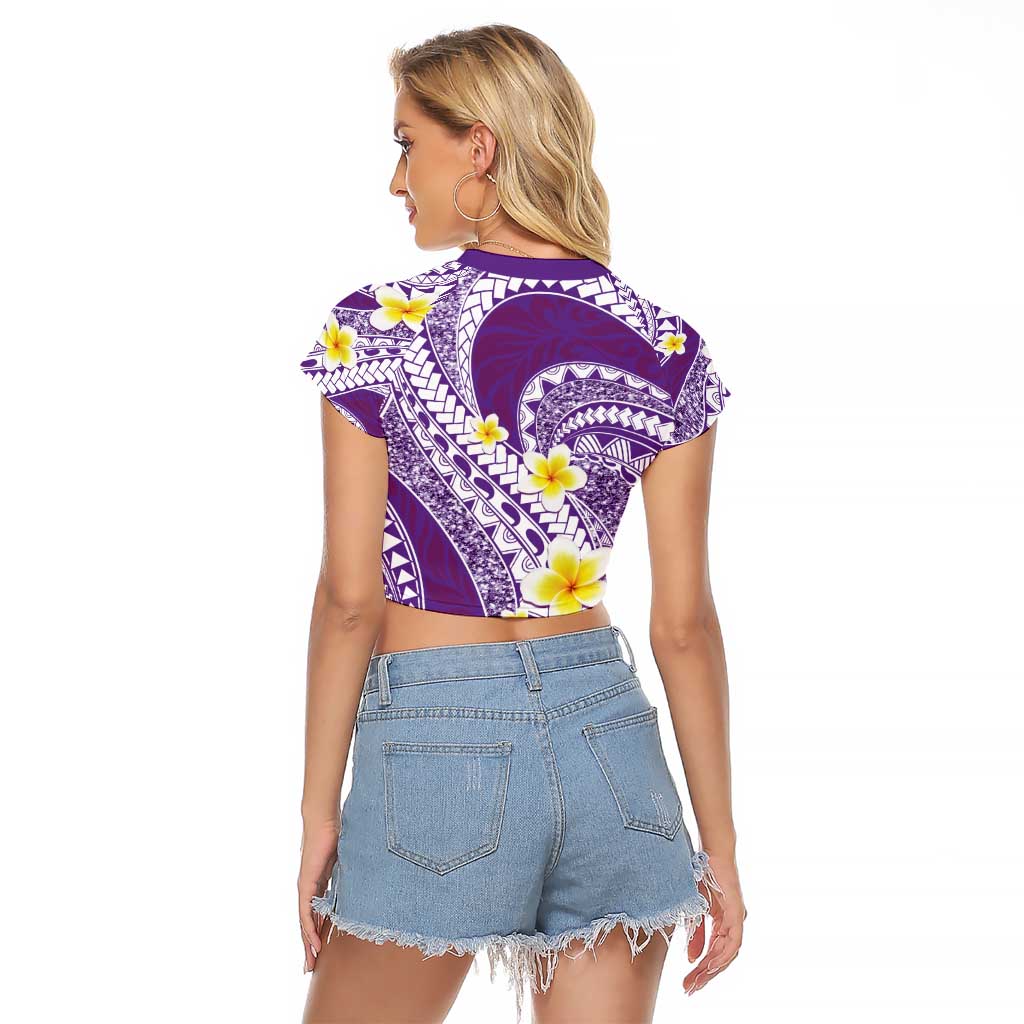Plumeria Polynesian Purple Glitter Pattern Raglan Cropped T Shirt