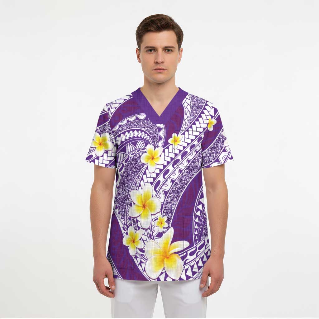 Plumeria Polynesian Purple Glitter Pattern Scrub Top - Polynesian Pride