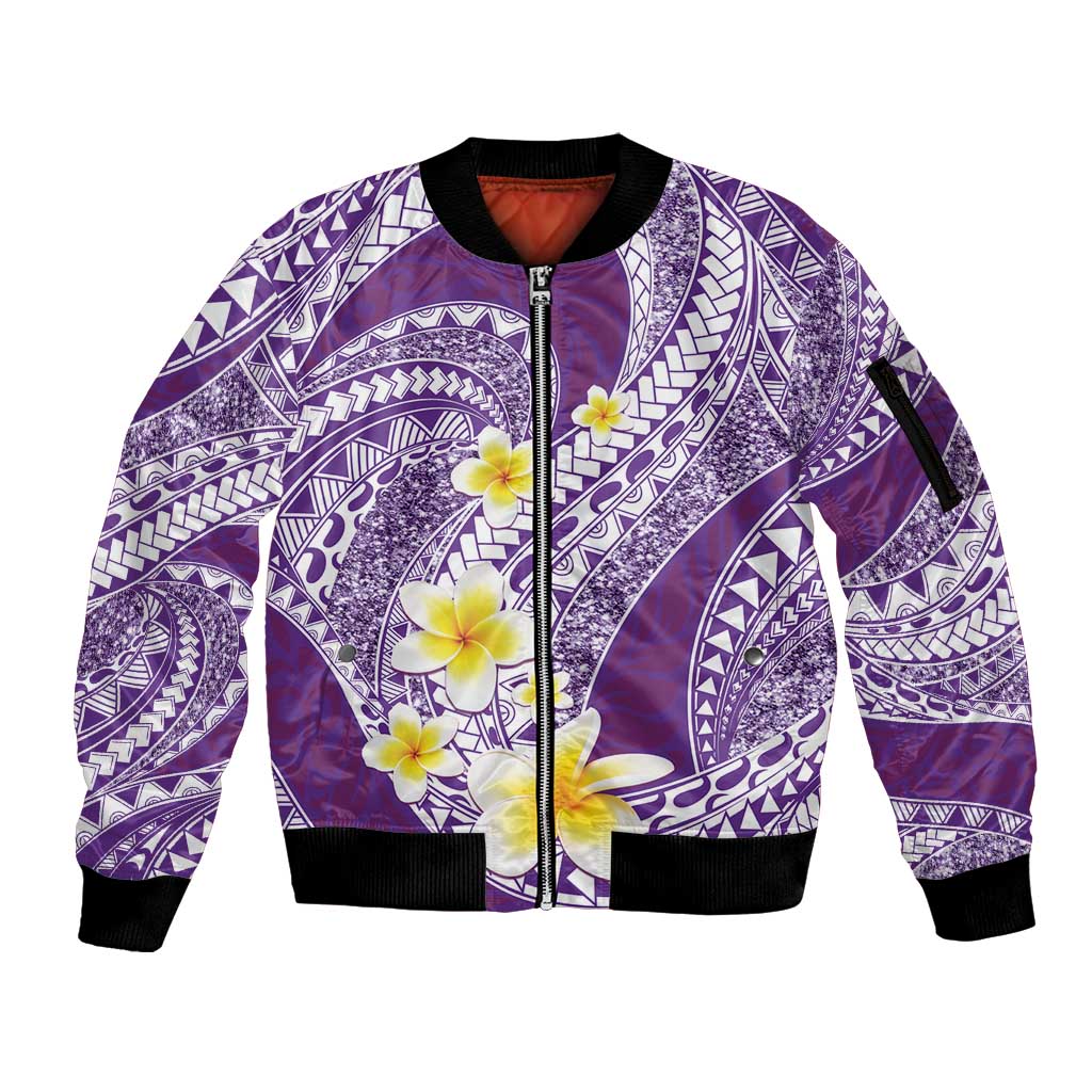 Plumeria Polynesian Purple Glitter Pattern Sleeve Zip Bomber Jacket