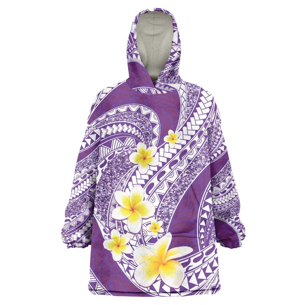 Plumeria Polynesian Purple Glitter Pattern Wearable Blanket Hoodie