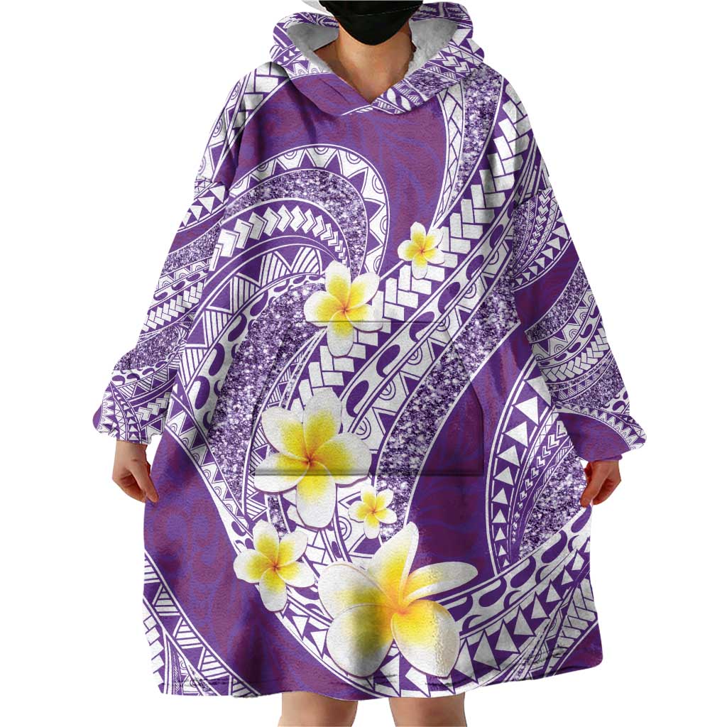 Plumeria Polynesian Purple Glitter Pattern Wearable Blanket Hoodie