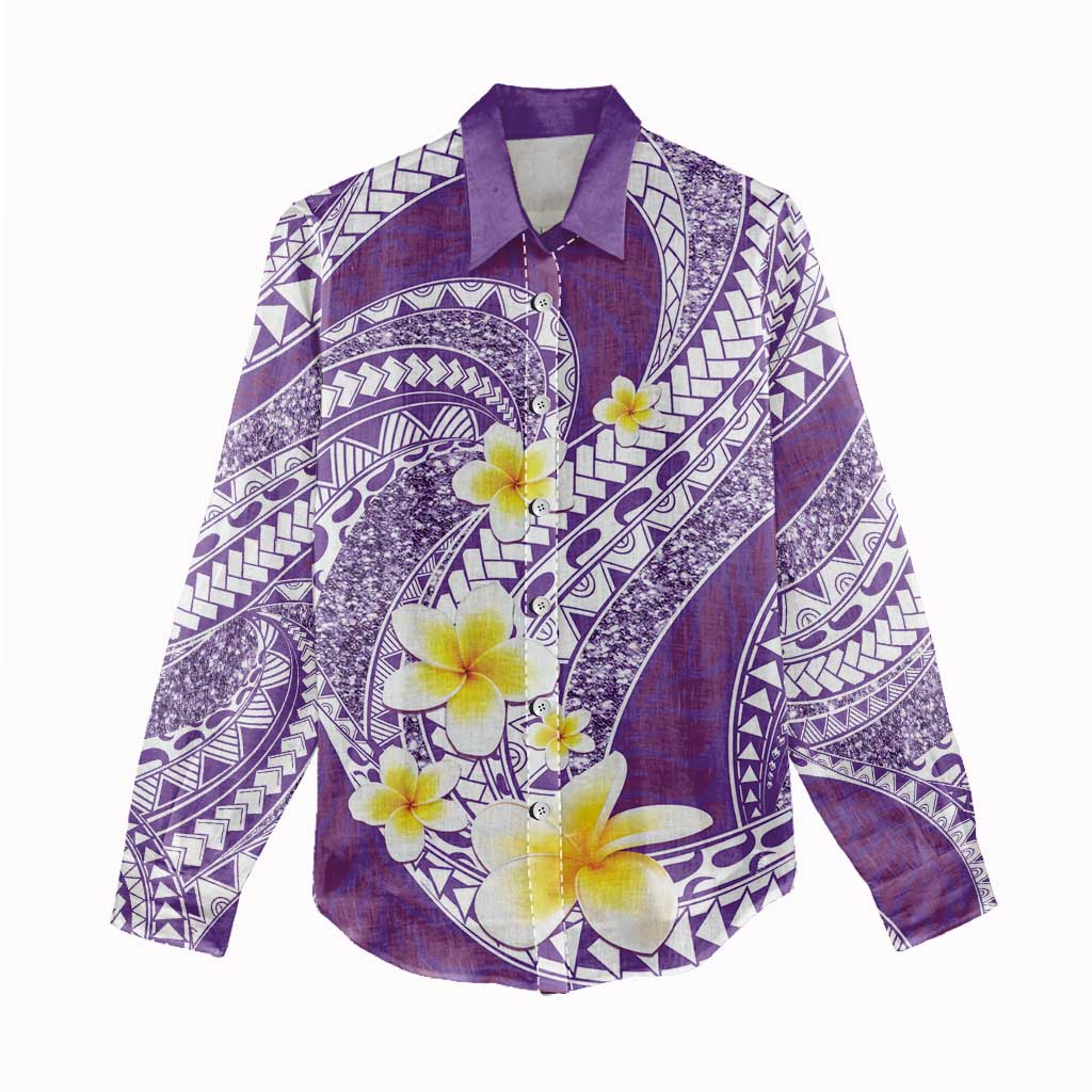 Plumeria Polynesian Purple Glitter Pattern Women Casual Shirt