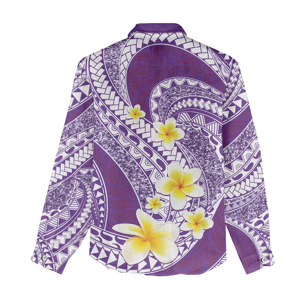 Plumeria Polynesian Purple Glitter Pattern Women Casual Shirt