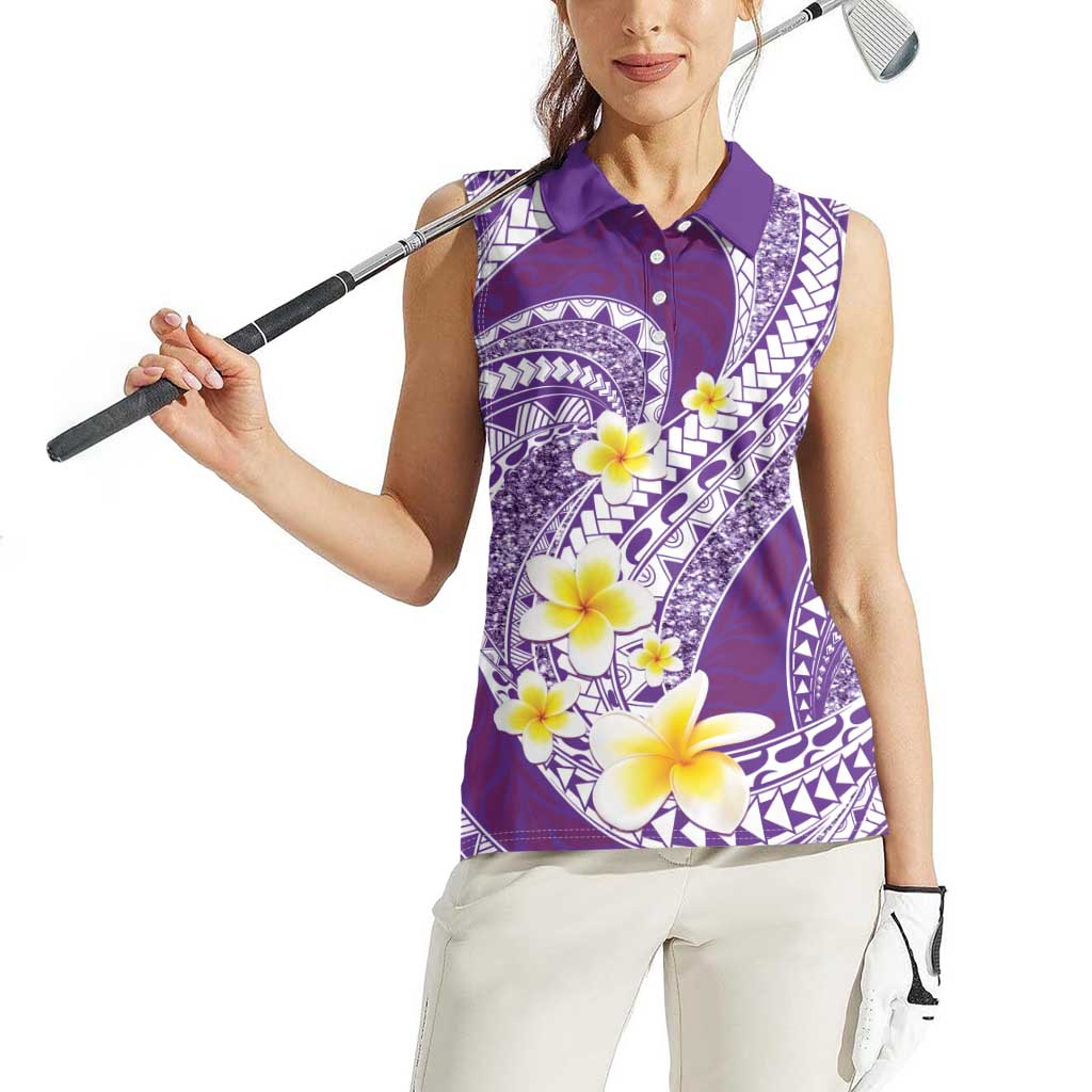 Plumeria Polynesian Purple Glitter Pattern Women Sleeveless Polo Shirt