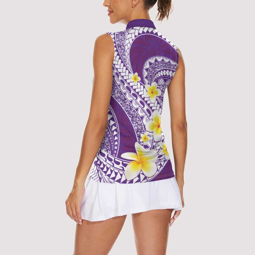 Plumeria Polynesian Purple Glitter Pattern Women Sleeveless Polo Shirt
