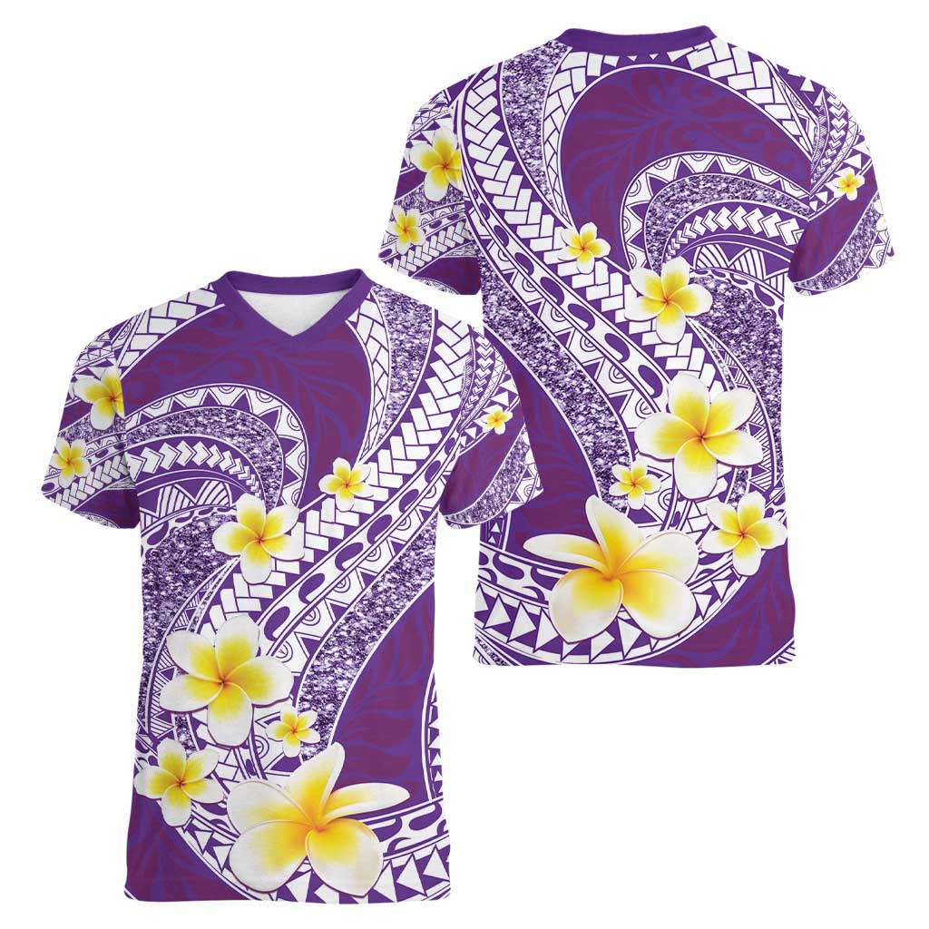 Plumeria Polynesian Purple Glitter Pattern Women V-Neck T-Shirt