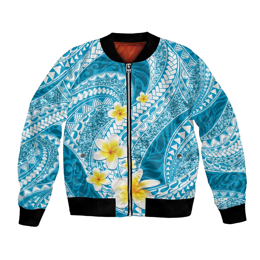 Plumeria Polynesian Sky Blue Glitter Pattern Bomber Jacket LT01 Unisex Sky Blue - Polynesian Pride