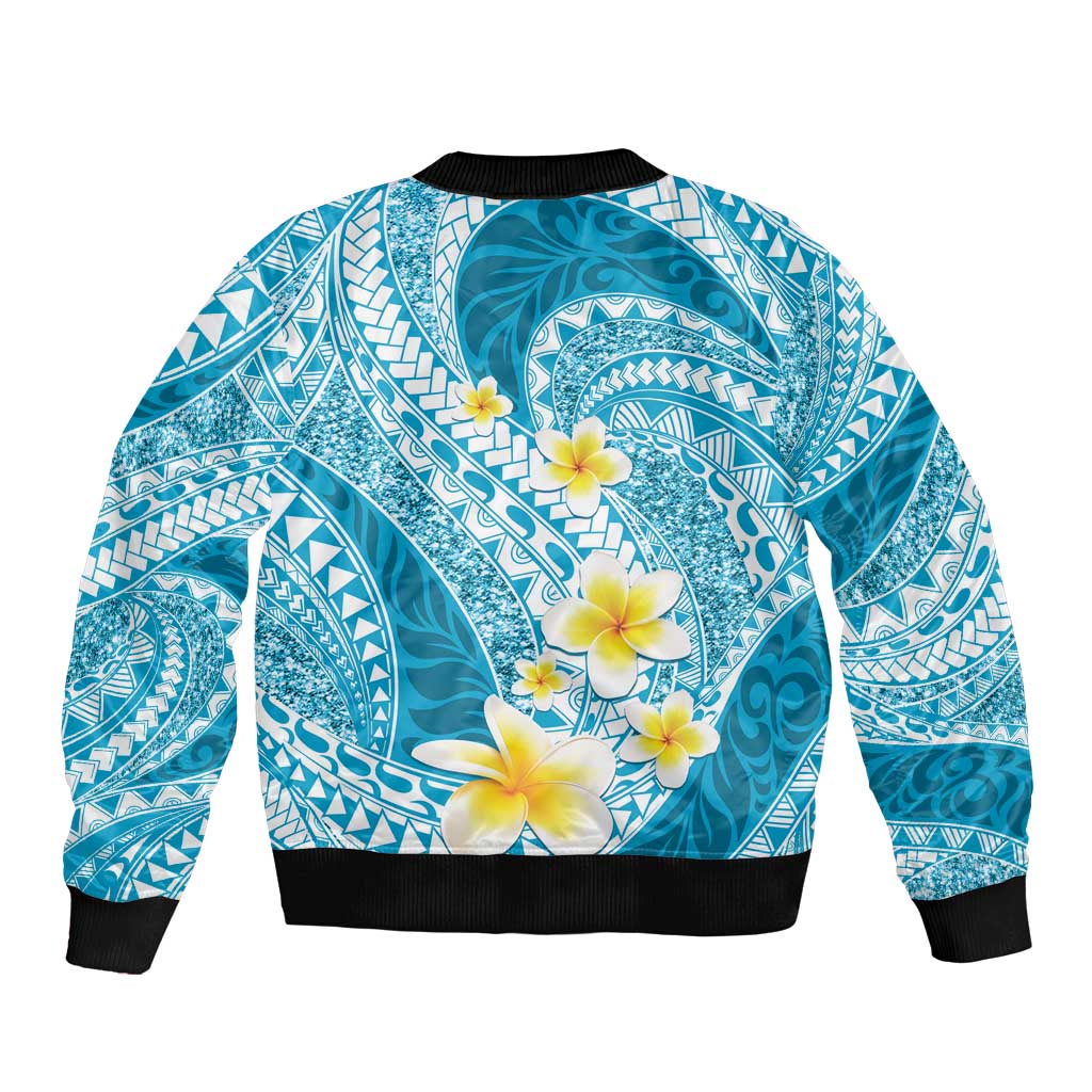 Plumeria Polynesian Sky Blue Glitter Pattern Bomber Jacket