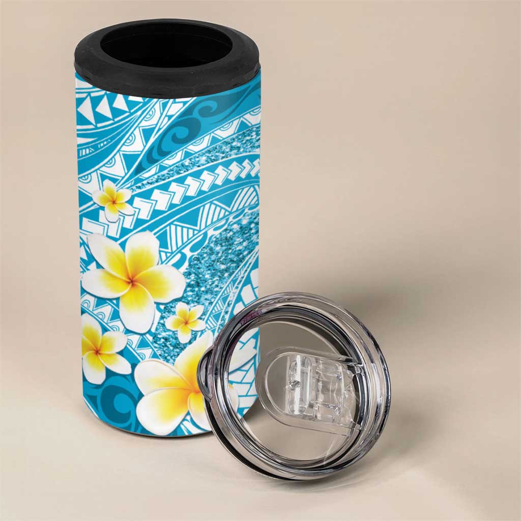 Plumeria Polynesian Sky Blue Glitter Pattern 4 in 1 Can Cooler Tumbler