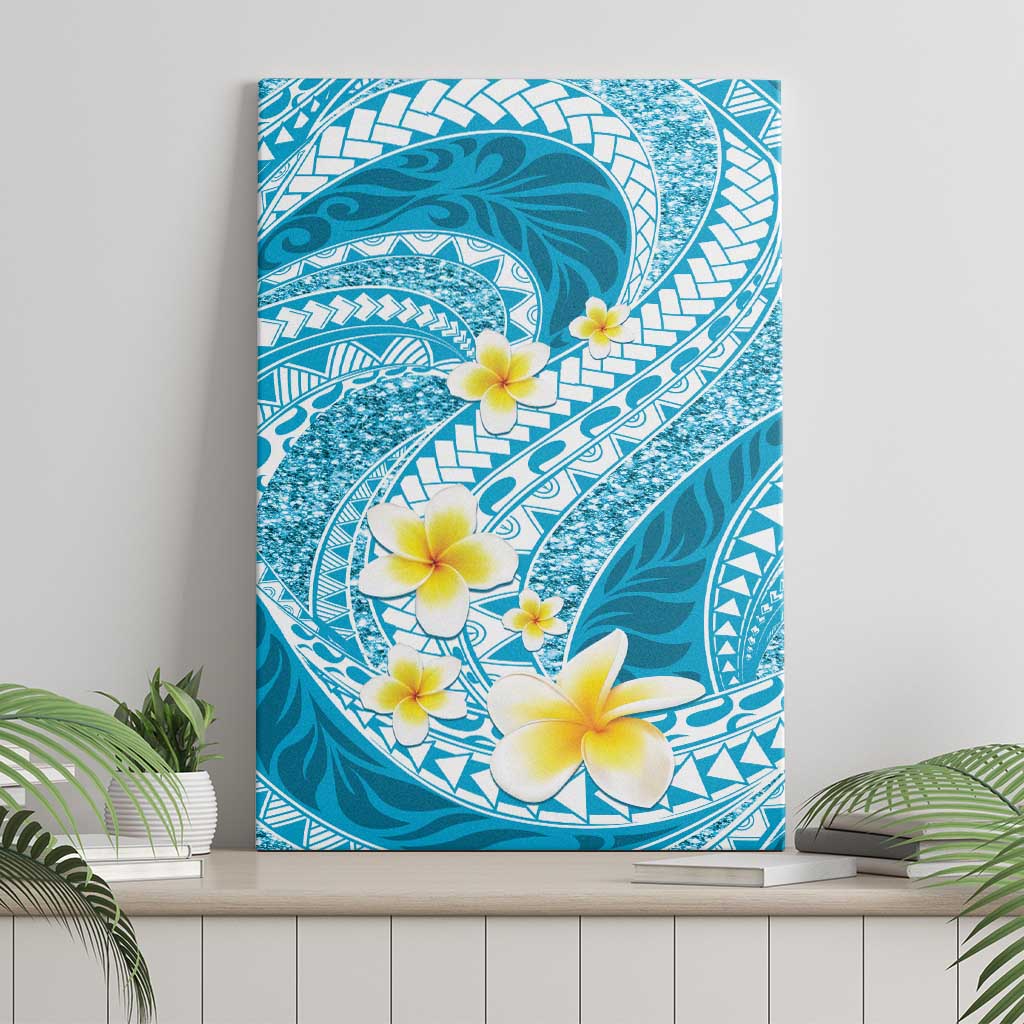 Plumeria Polynesian Sky Blue Glitter Pattern Canvas Wall Art