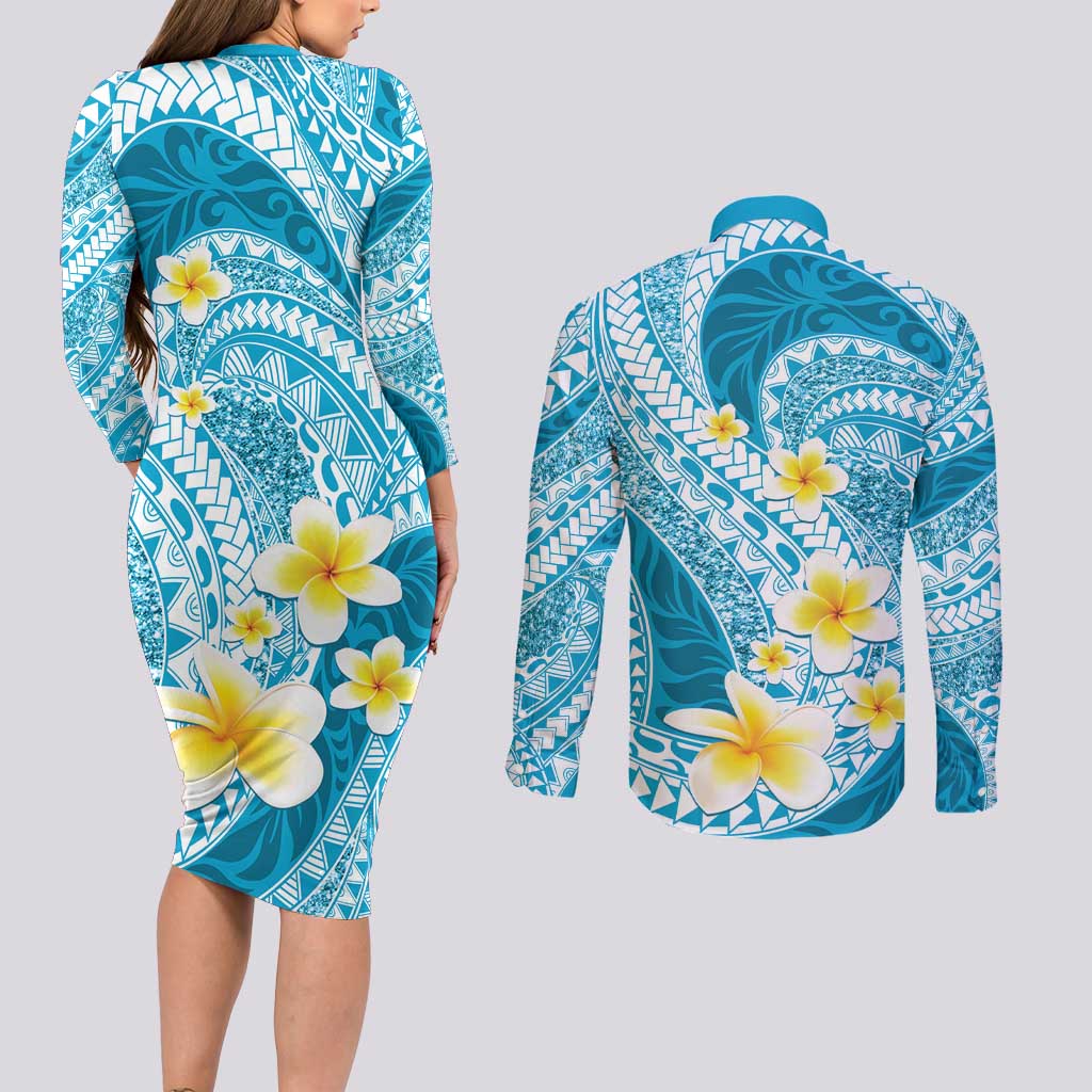 Plumeria Polynesian Sky Blue Glitter Pattern Couples Matching Long Sleeve Bodycon Dress and Long Sleeve Button Shirt