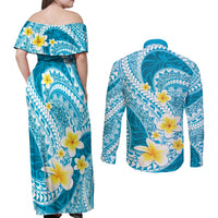 Plumeria Polynesian Sky Blue Glitter Pattern Couples Matching Off Shoulder Maxi Dress and Long Sleeve Button Shirt LT01 - Polynesian Pride