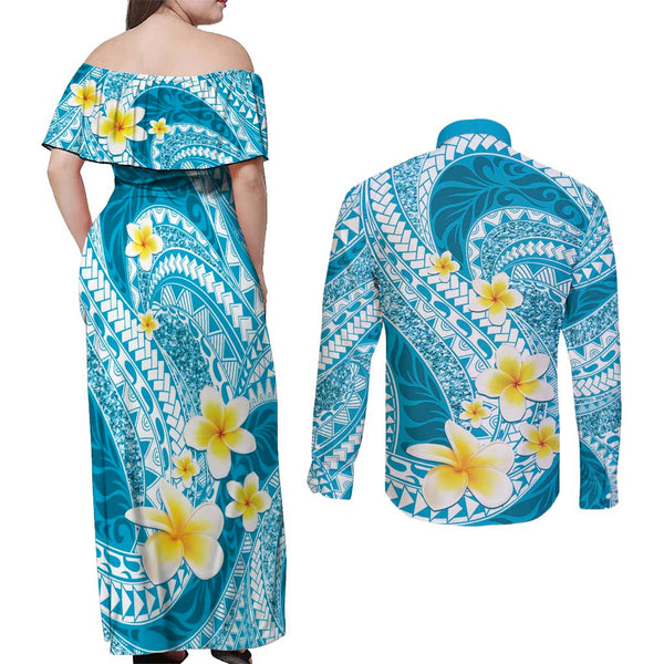 Polynesian Hawaii Couples Off Shoulder Maxi Dress and Long Sleeve Button Shirts Niihau Islands with Pacific Plumeria Turquoise Vibe LT9 main image 1