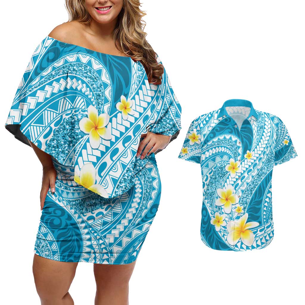 Plumeria Polynesian Sky Blue Glitter Pattern Couples Matching Off Shoulder Short Dress and Hawaiian Shirt