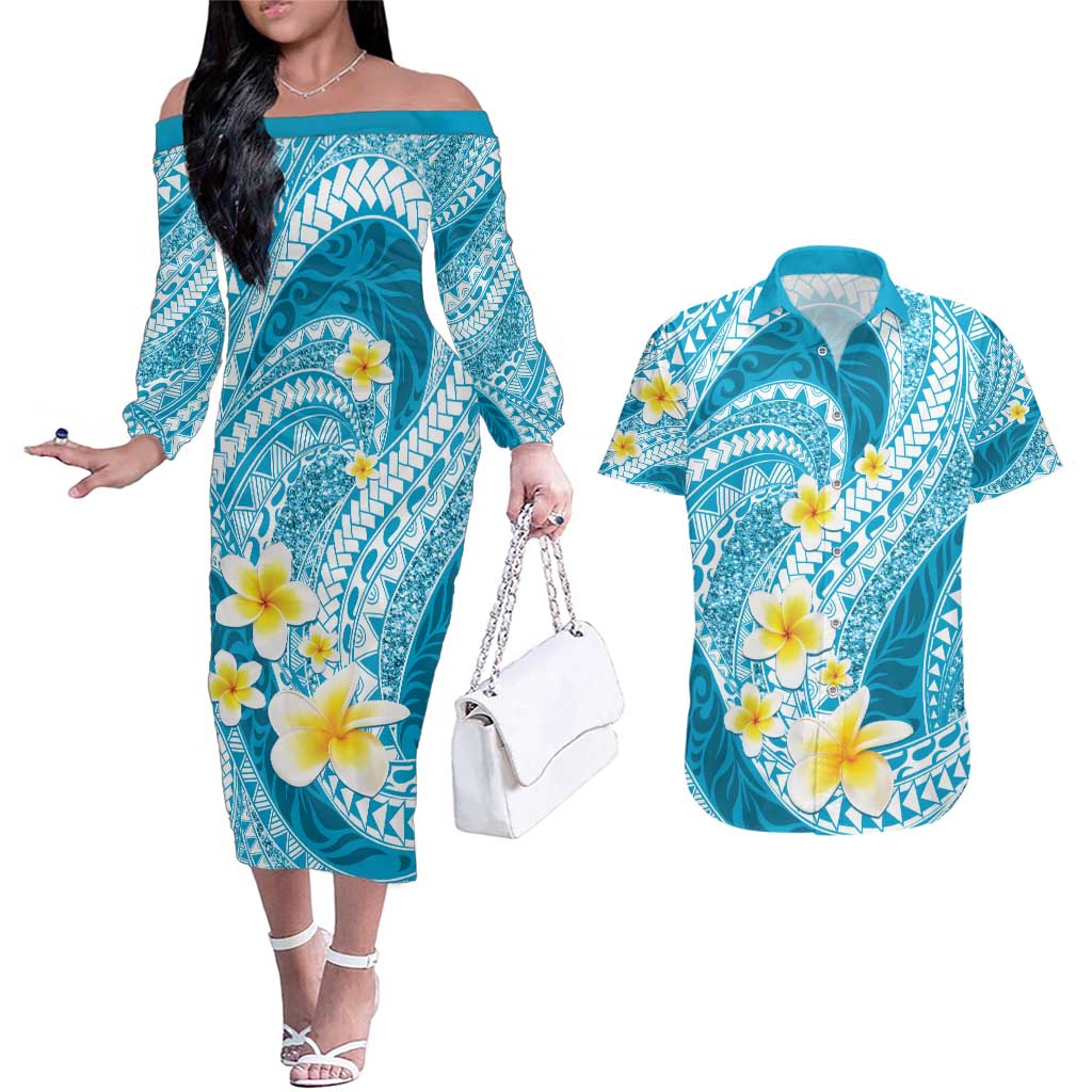 Plumeria Polynesian Sky Blue Glitter Pattern Couples Matching Off The Shoulder Long Sleeve Dress and Hawaiian Shirt LT01 Sky Blue - Polynesian Pride