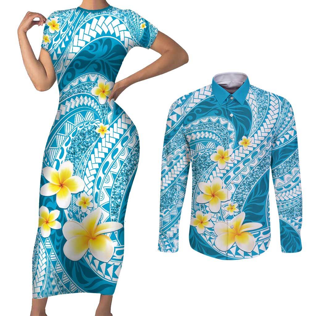 Plumeria Polynesian Sky Blue Glitter Pattern Couples Matching Short Sleeve Bodycon Dress and Long Sleeve Button Shirt