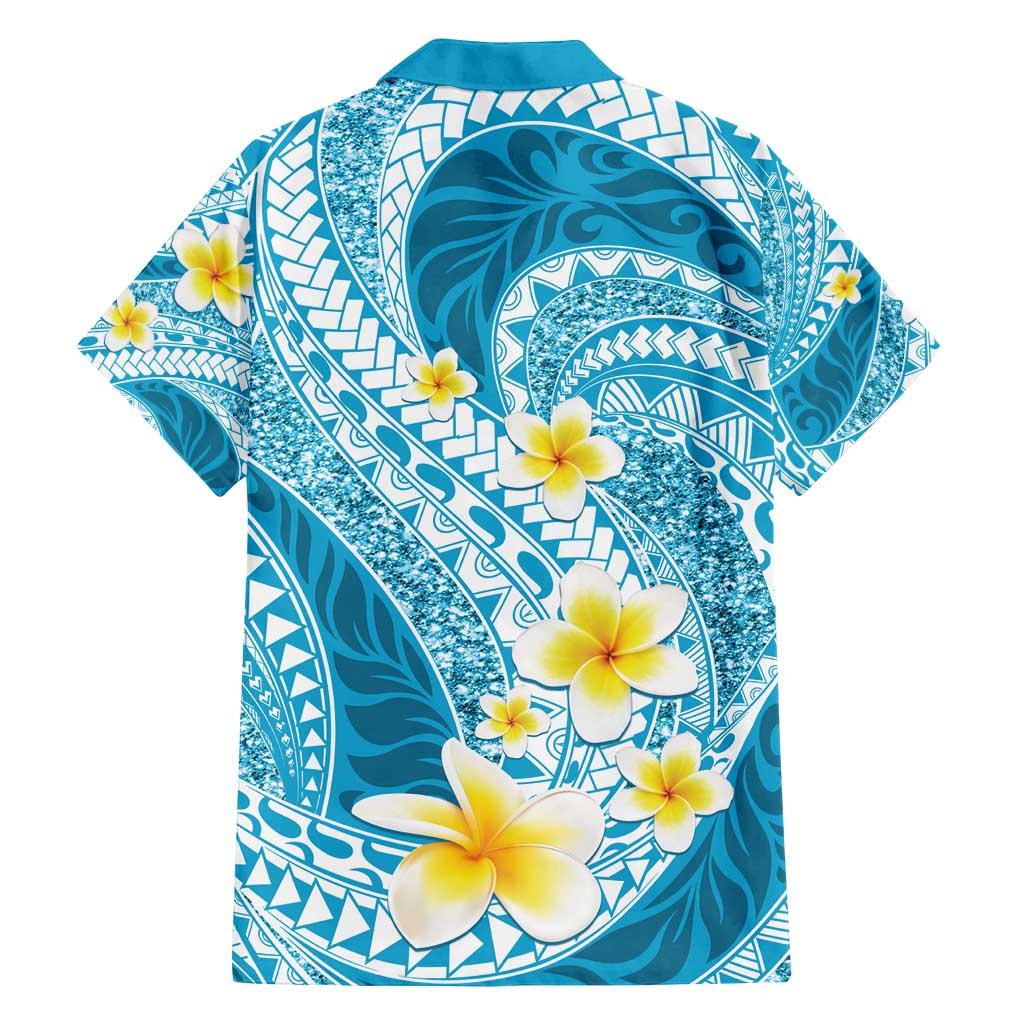 Plumeria Polynesian Sky Blue Glitter Pattern Family Matching Long Sleeve Bodycon Dress and Hawaiian Shirt