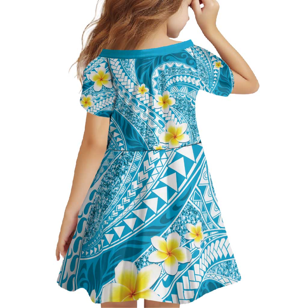 Plumeria Polynesian Sky Blue Glitter Pattern Family Matching Mermaid Dress and Hawaiian Shirt