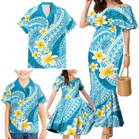 Plumeria Polynesian Sky Blue Glitter Pattern Family Matching Mermaid Dress and Hawaiian Shirt