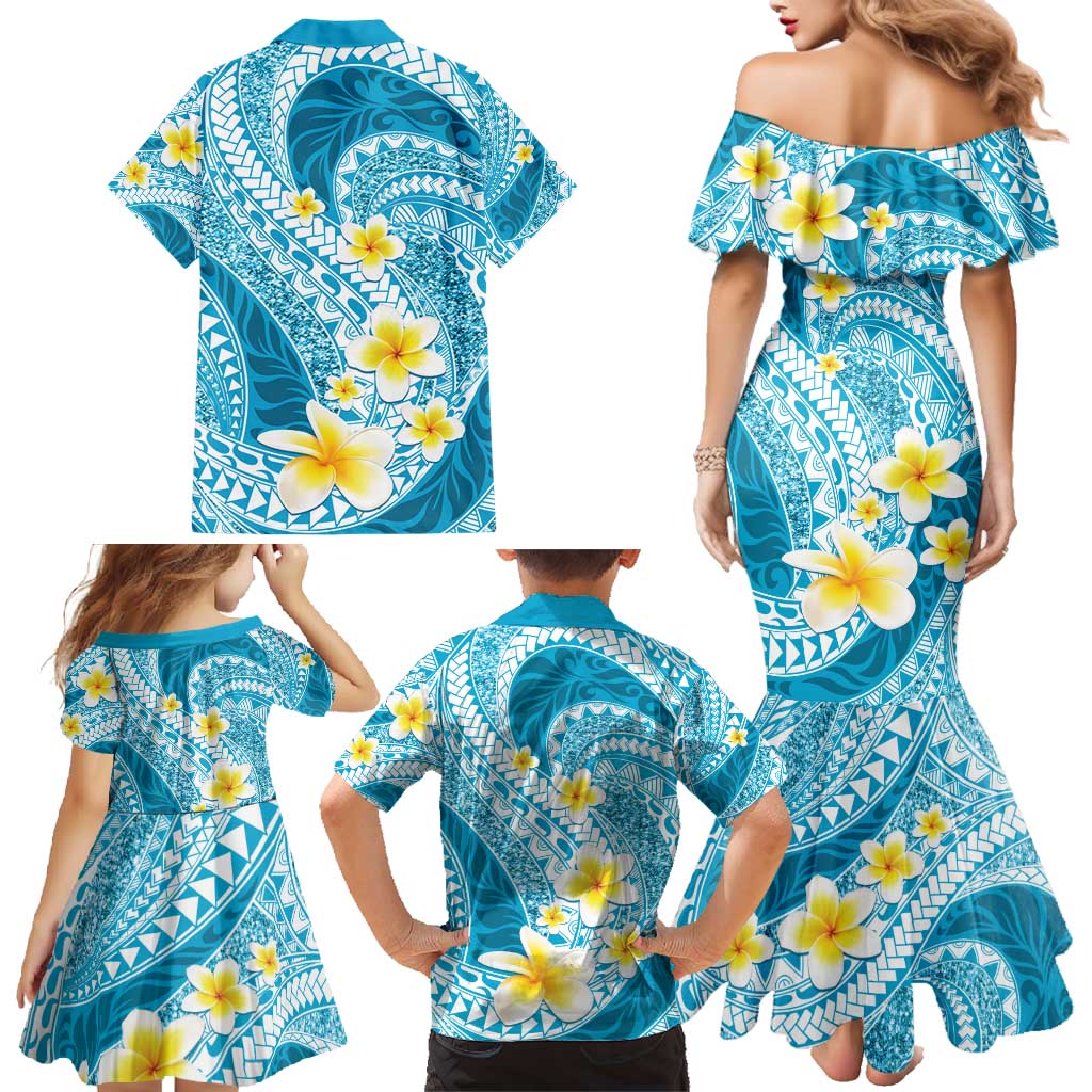 Plumeria Polynesian Sky Blue Glitter Pattern Family Matching Mermaid Dress and Hawaiian Shirt