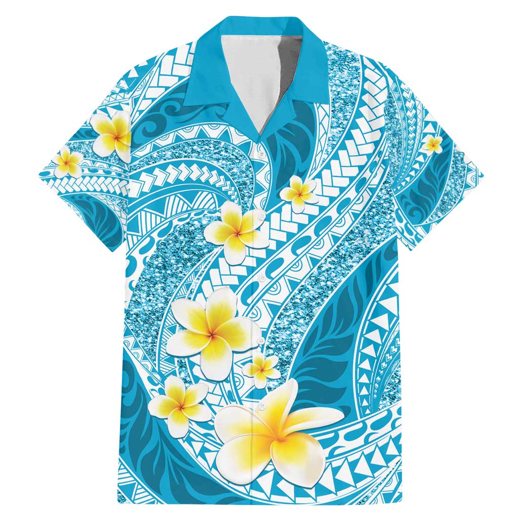 Plumeria Polynesian Sky Blue Glitter Pattern Family Matching Mermaid Dress and Hawaiian Shirt