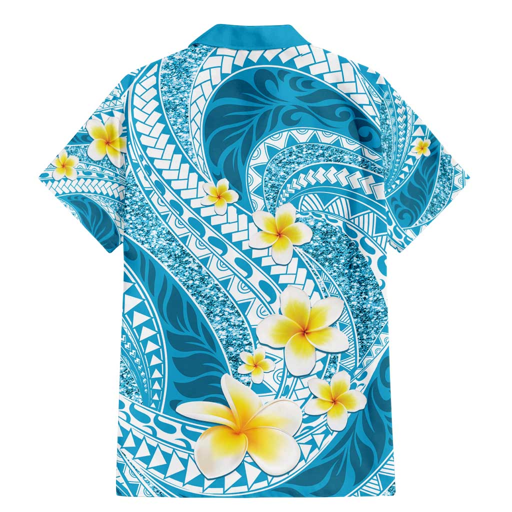 Plumeria Polynesian Sky Blue Glitter Pattern Family Matching Mermaid Dress and Hawaiian Shirt
