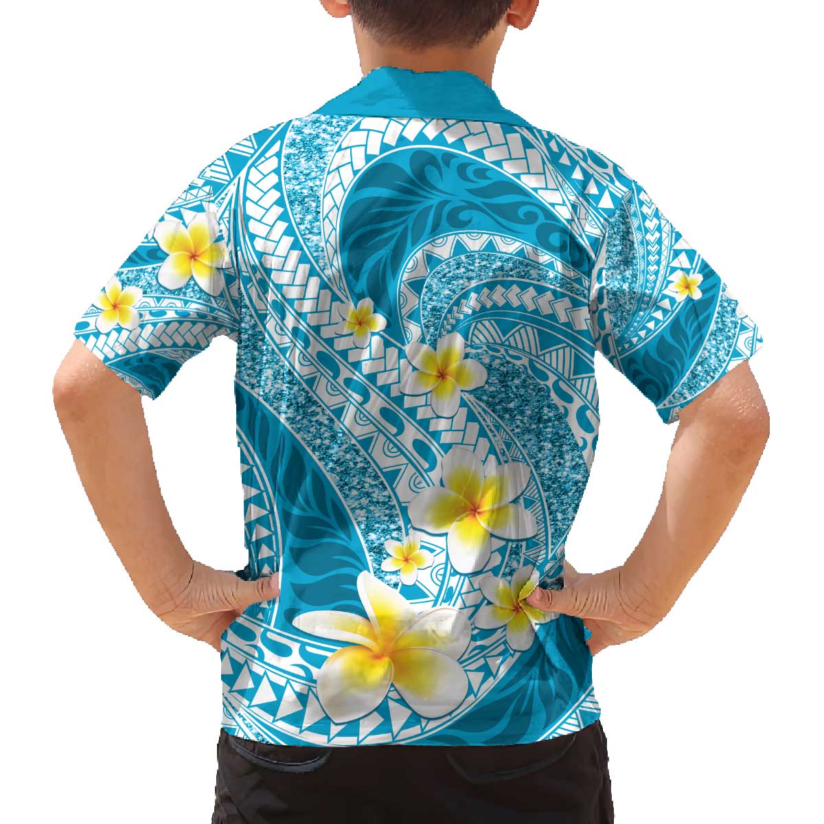 Plumeria Polynesian Sky Blue Glitter Pattern Family Matching Off The Shoulder Long Sleeve Dress and Hawaiian Shirt