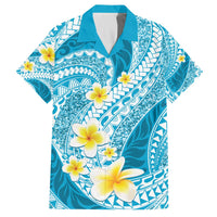 Plumeria Polynesian Sky Blue Glitter Pattern Family Matching Off The Shoulder Long Sleeve Dress and Hawaiian Shirt