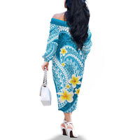 Plumeria Polynesian Sky Blue Glitter Pattern Family Matching Off The Shoulder Long Sleeve Dress and Hawaiian Shirt