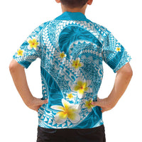 Plumeria Polynesian Sky Blue Glitter Pattern Family Matching Off Shoulder Maxi Dress and Hawaiian Shirt