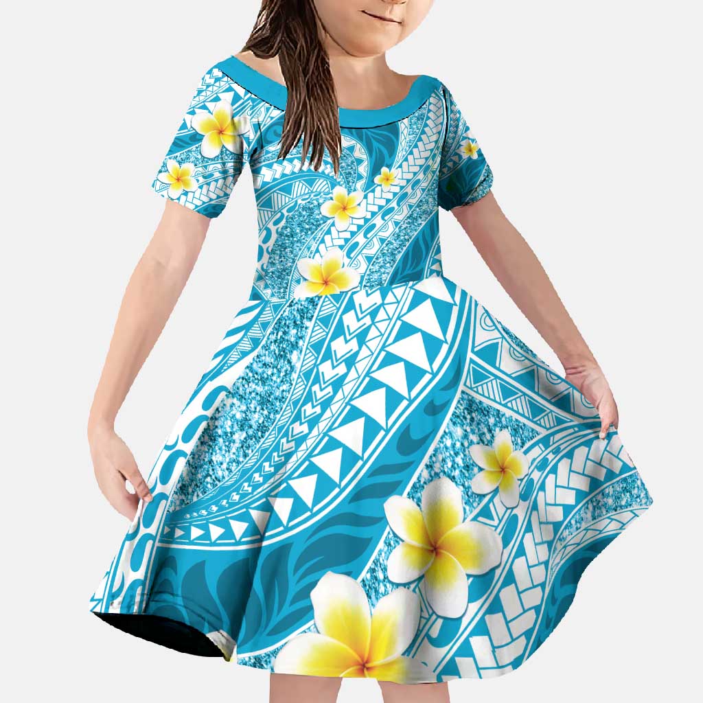 Plumeria Polynesian Sky Blue Glitter Pattern Family Matching Off Shoulder Maxi Dress and Hawaiian Shirt