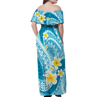 Plumeria Polynesian Sky Blue Glitter Pattern Family Matching Off Shoulder Maxi Dress and Hawaiian Shirt