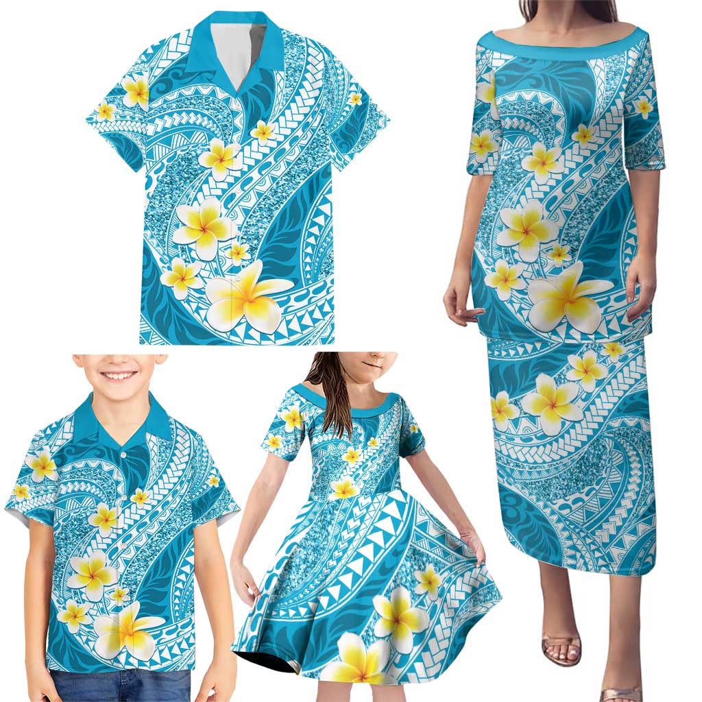 Plumeria Polynesian Sky Blue Glitter Pattern Family Matching Puletasi and Hawaiian Shirt