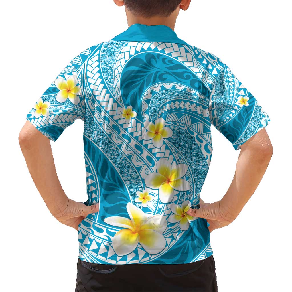 Plumeria Polynesian Sky Blue Glitter Pattern Family Matching Summer Maxi Dress and Hawaiian Shirt