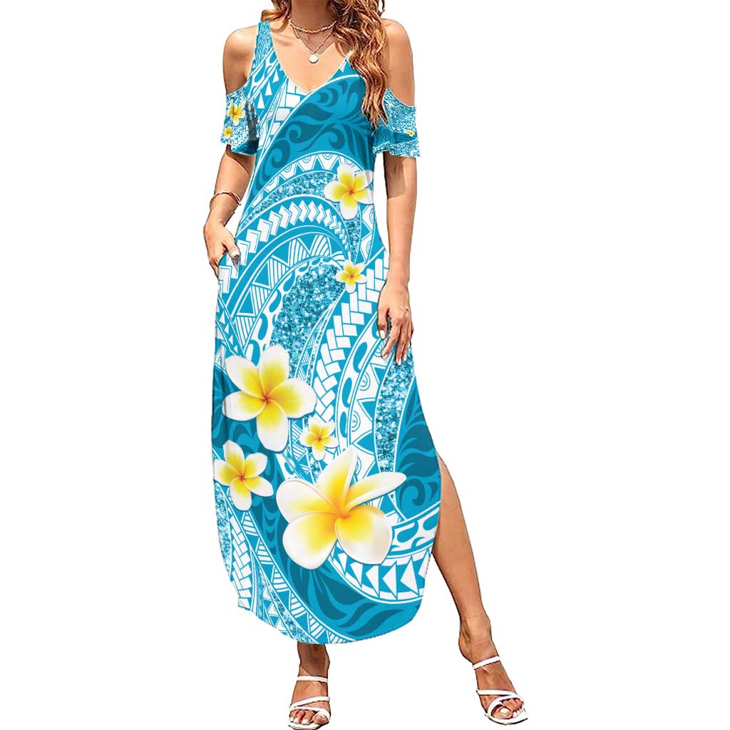 Plumeria Polynesian Sky Blue Glitter Pattern Family Matching Summer Maxi Dress and Hawaiian Shirt