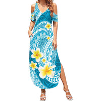Plumeria Polynesian Sky Blue Glitter Pattern Family Matching Summer Maxi Dress and Hawaiian Shirt