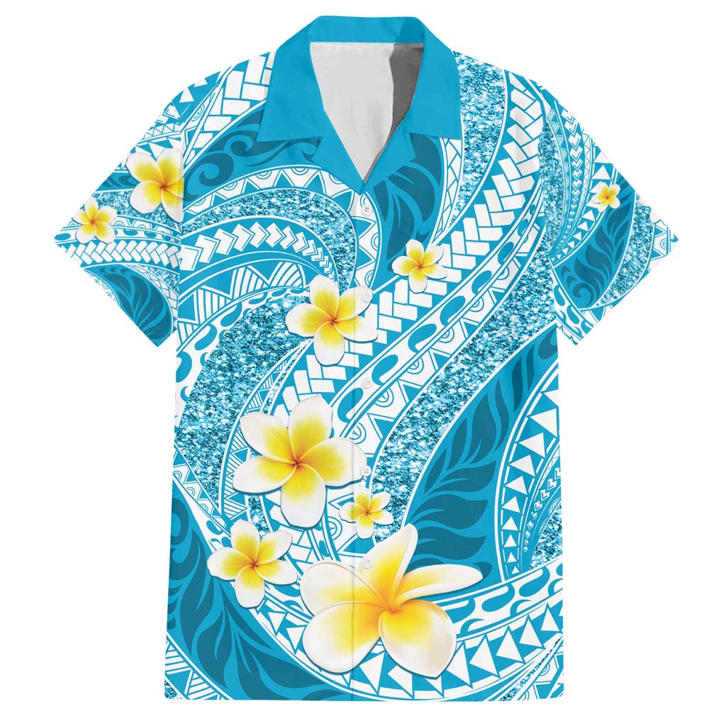 Plumeria Polynesian Sky Blue Glitter Pattern Family Matching Tank Maxi Dress and Hawaiian Shirt LT01 Dad's Shirt - Short Sleeve Sky Blue - Polynesian Pride